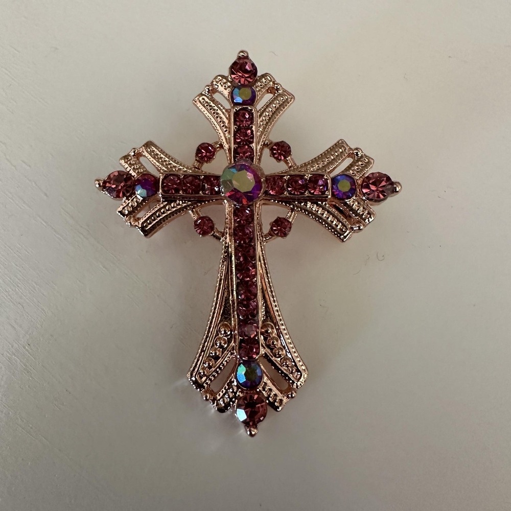 Rose‎ Gold Tone Pink Rhinestone Cross Brooch Pin Religious Statement Glam Bling